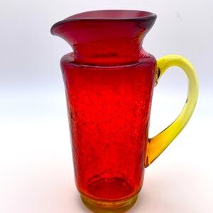 Red & Yellow Hand Blown Crackle Glass Handled Pitcher With Some Cadmium Glow